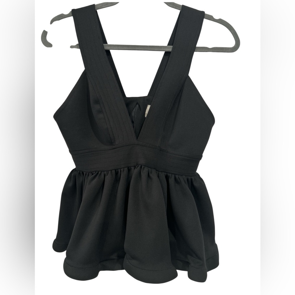 Eugenia Fernandez Black V Neck Flared Peplum Blouse Top in Black - Small